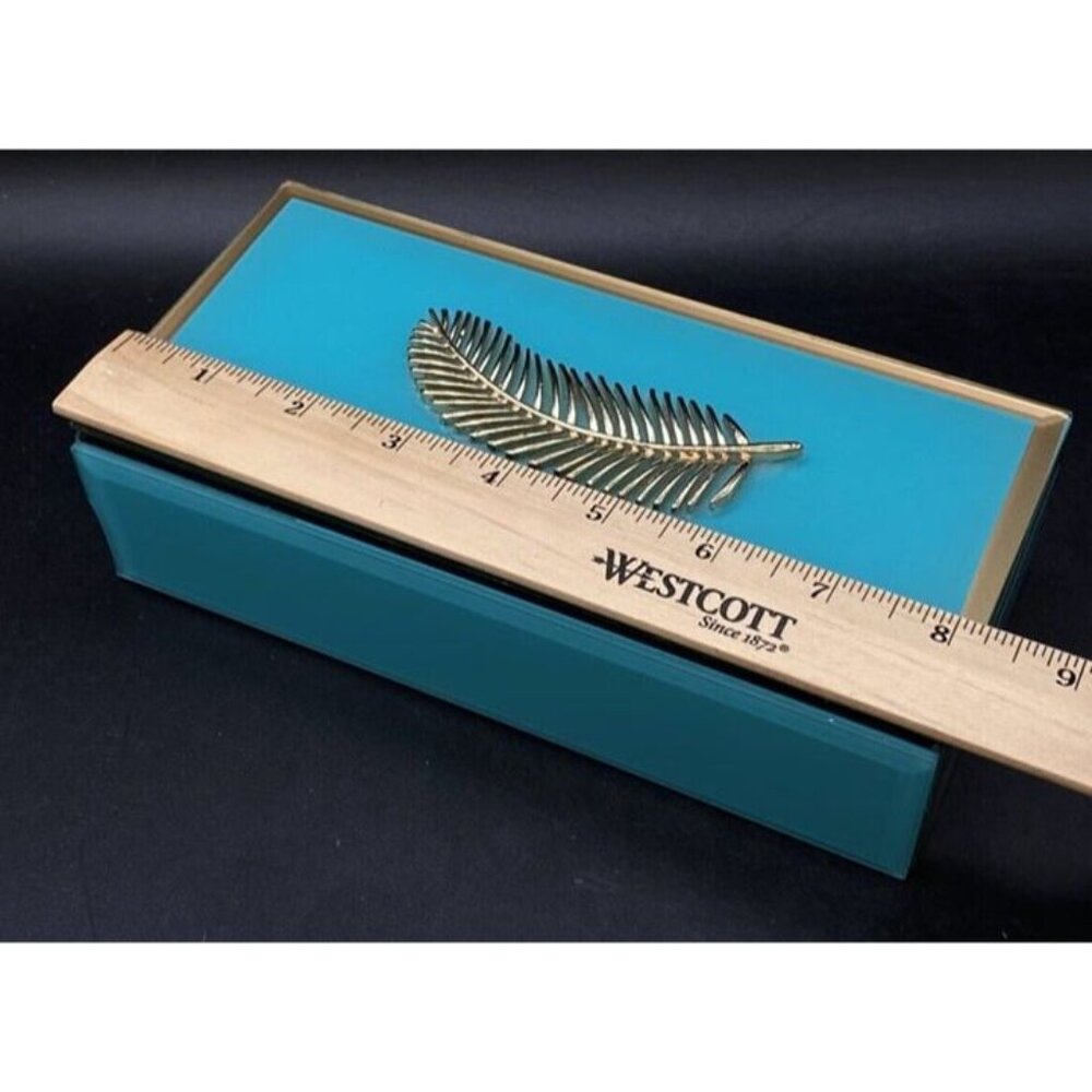 Jewelry Case Teal With Gold Feather Storage Box Black Velvet Lined Box - Picture 5 of 9